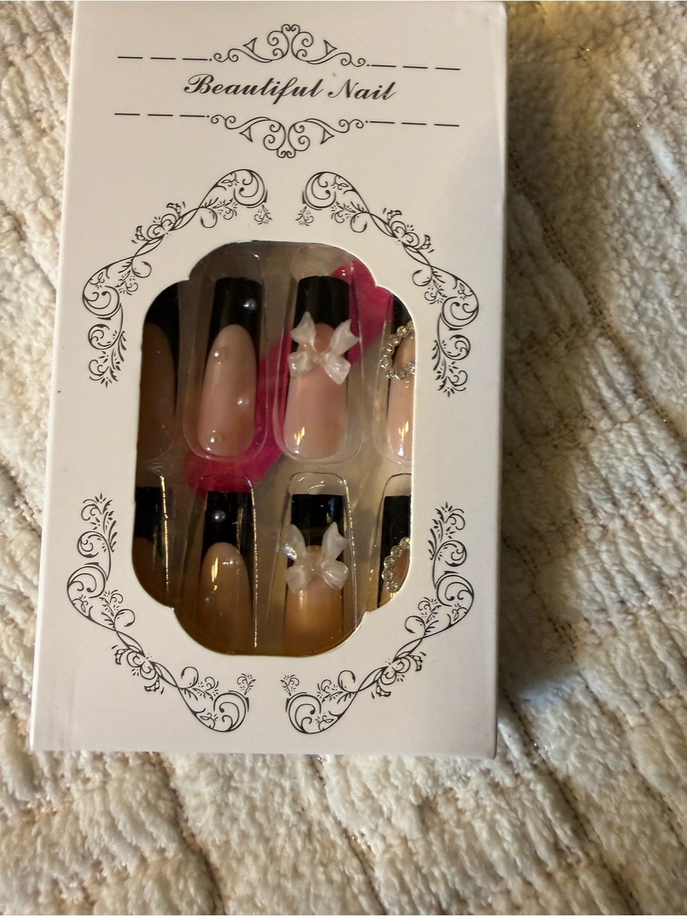 Black French Press-On Nails with 3D White Bow Accent